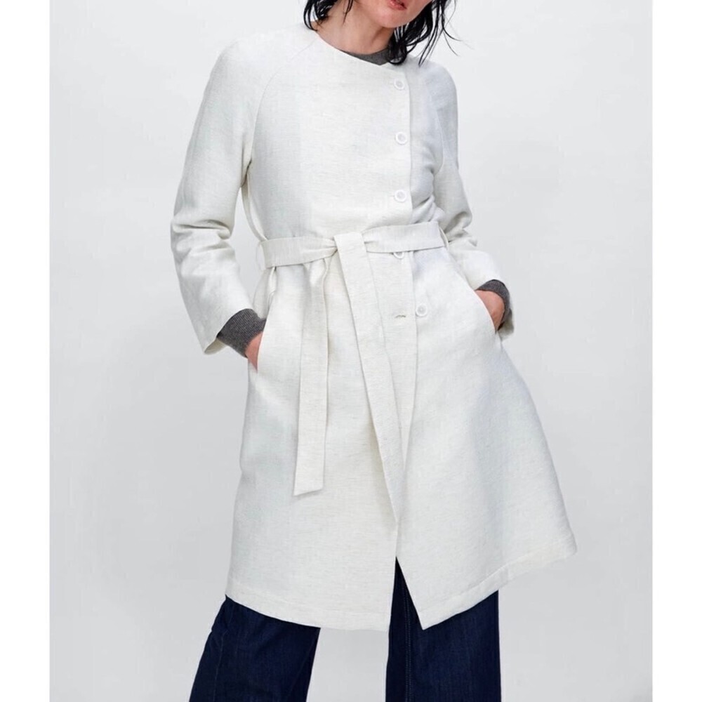 ZARA Linen Long Coat Wrap Belt Jacket Asymmetric Minimal Old Money Off White XL